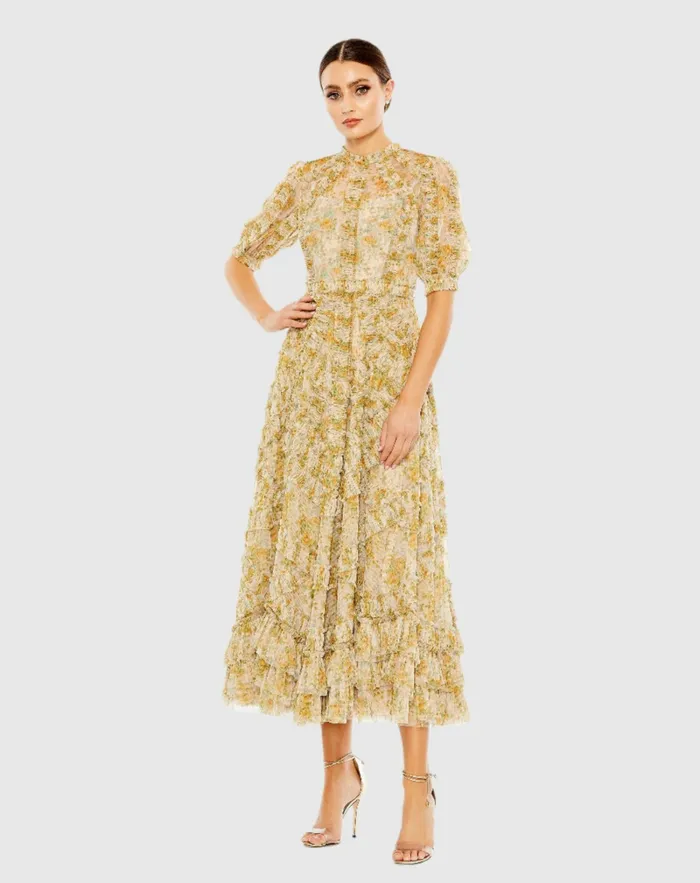 Mesh Puff Sleeve Floral Print Dress Yellow Multi Women Daytime Dresses Mac Duggal