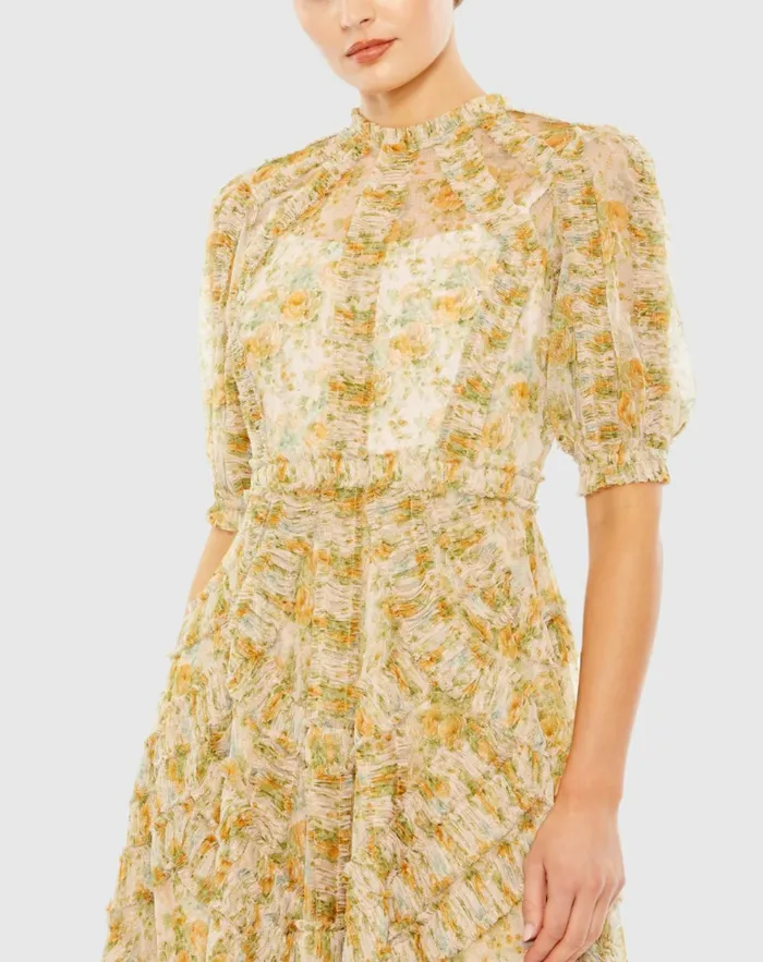 Mesh Puff Sleeve Floral Print Dress Yellow Multi Women Daytime Dresses Mac Duggal