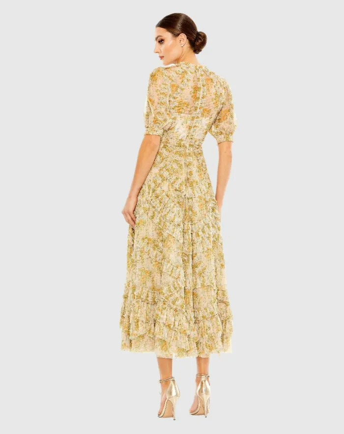 Mesh Puff Sleeve Floral Print Dress Yellow Multi Women Daytime Dresses Mac Duggal