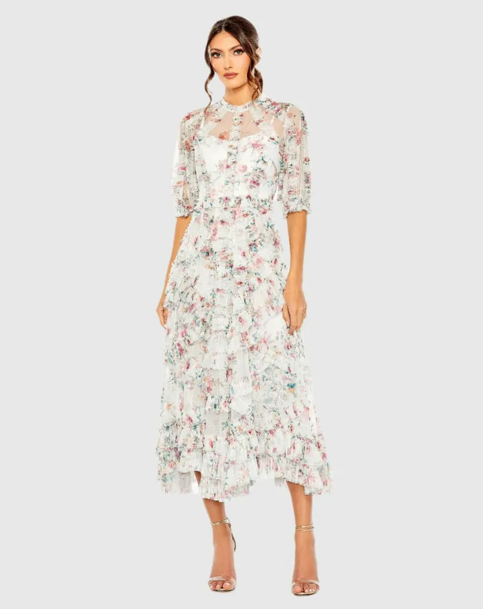Mesh Puff Sleeve Floral Print Dress Yellow Multi Women Daytime Dresses Mac Duggal