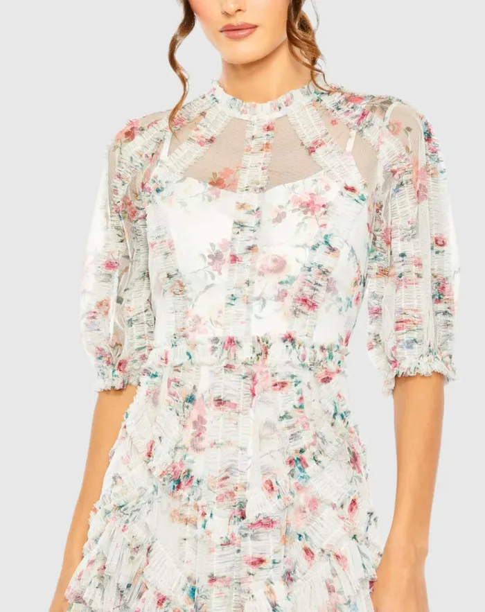 Mesh Puff Sleeve Floral Print Dress Yellow Multi Women Daytime Dresses Mac Duggal