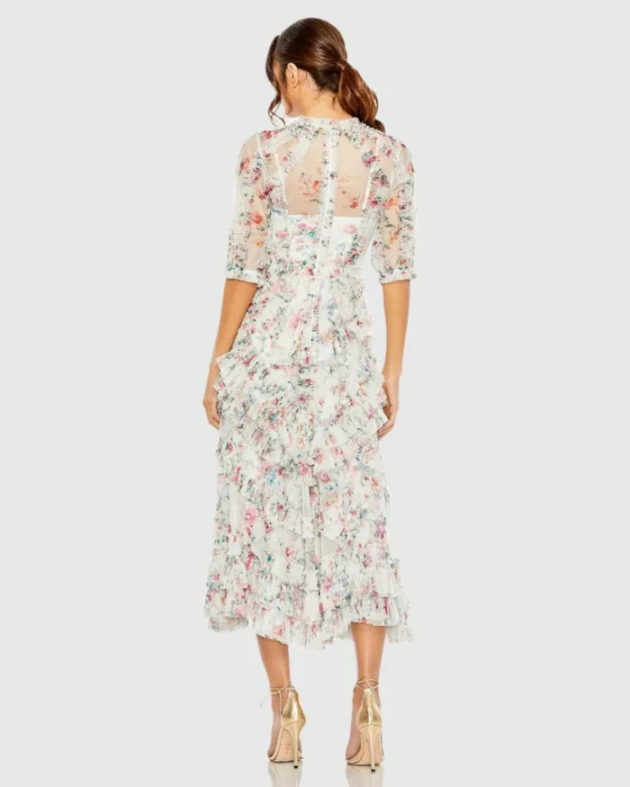 Mesh Puff Sleeve Floral Print Dress Yellow Multi Women Daytime Dresses Mac Duggal