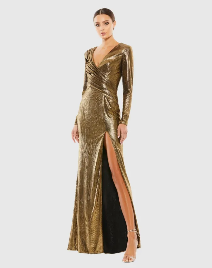 Metallic Long Sleeve Asymmetrical Ruched Gown Gold Evening Gowns Mac Duggal Women