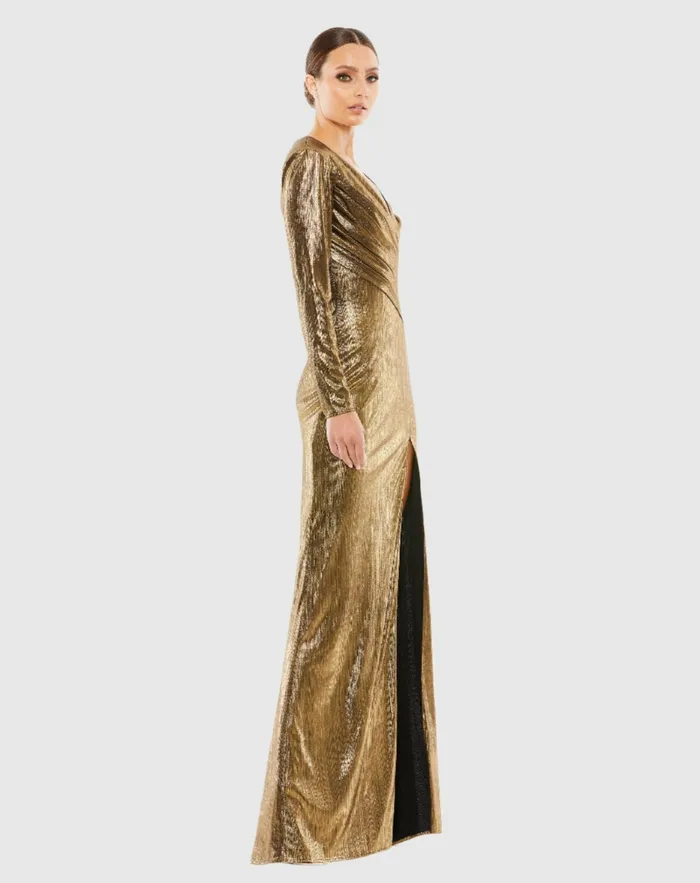 Metallic Long Sleeve Asymmetrical Ruched Gown Gold Evening Gowns Mac Duggal Women