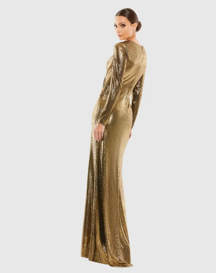 Metallic Long Sleeve Asymmetrical Ruched Gown Gold Evening Gowns Mac Duggal Women