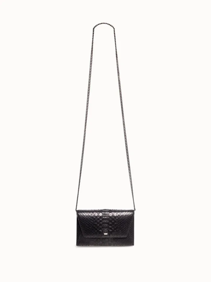 Metallic Python Leather Crossbody Envelope Clutch Black Women Akris Shoulder Bags