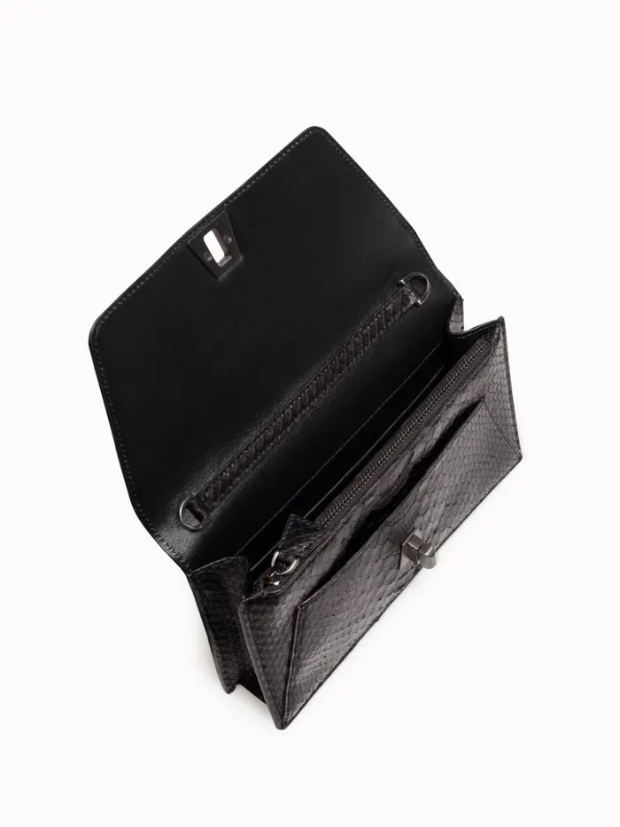 Metallic Python Leather Crossbody Envelope Clutch Black Women Akris Shoulder Bags
