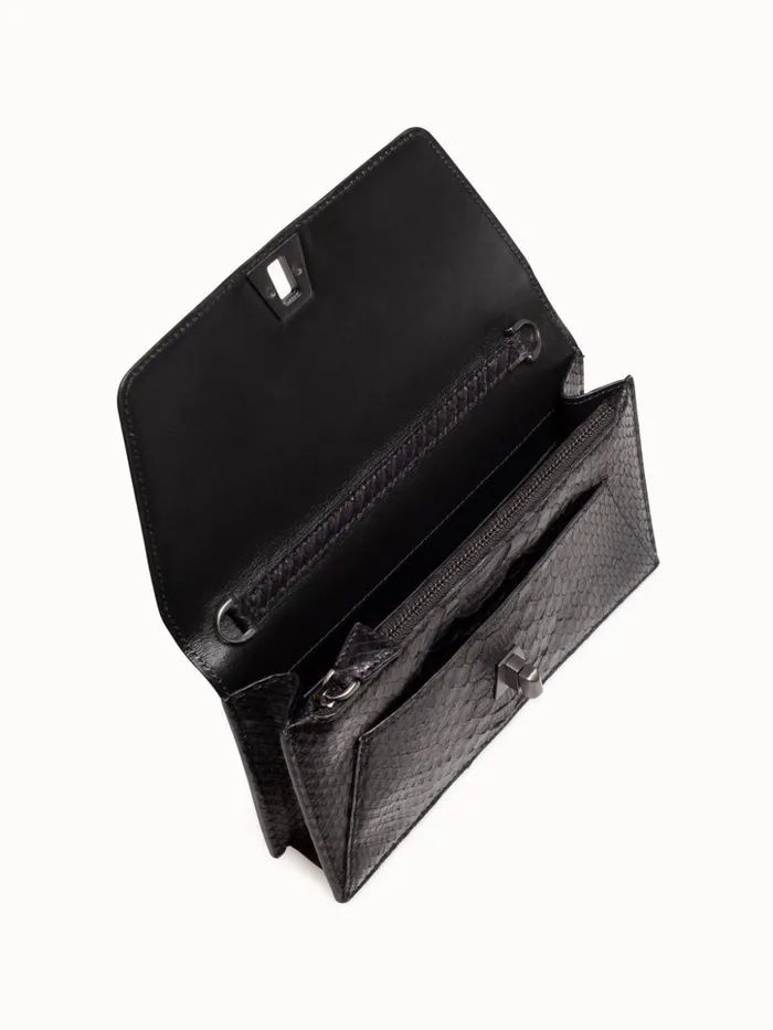 Metallic Python Leather Crossbody Envelope Clutch Black Women Akris Shoulder Bags