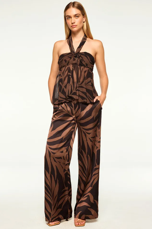 Misa Los Angeles Reshma Pant Chocolate Palm Frond Satin Women Matching Sets