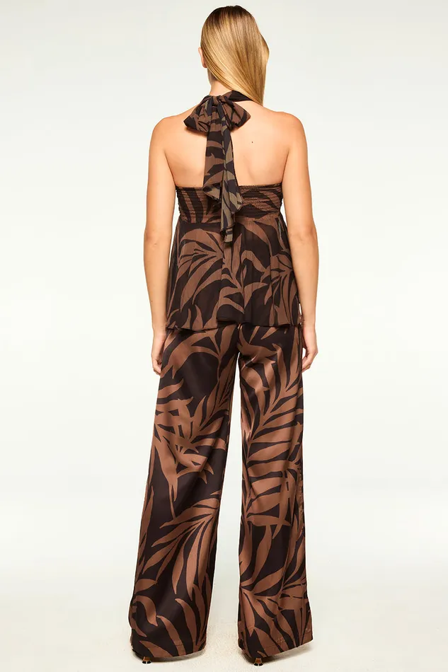 Misa Los Angeles Reshma Pant Chocolate Palm Frond Satin Women Matching Sets
