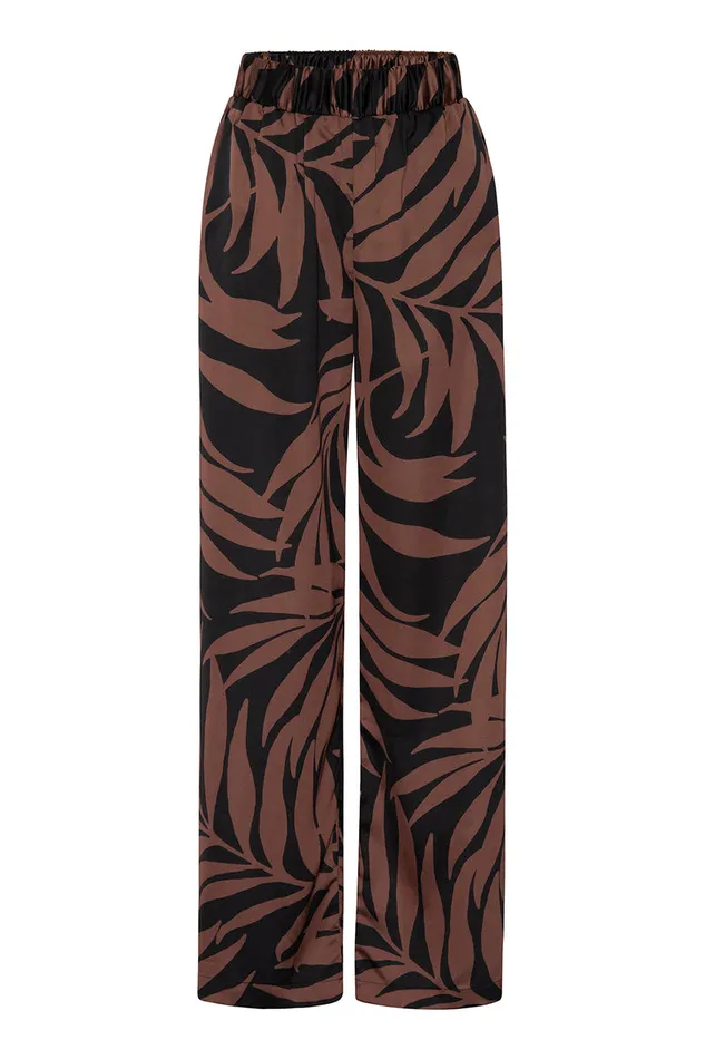 Misa Los Angeles Reshma Pant Chocolate Palm Frond Satin Women Matching Sets