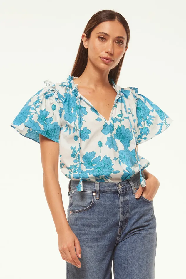 Misa Los Angeles Suparna Top Turquoise Flora Poplin Women Tops