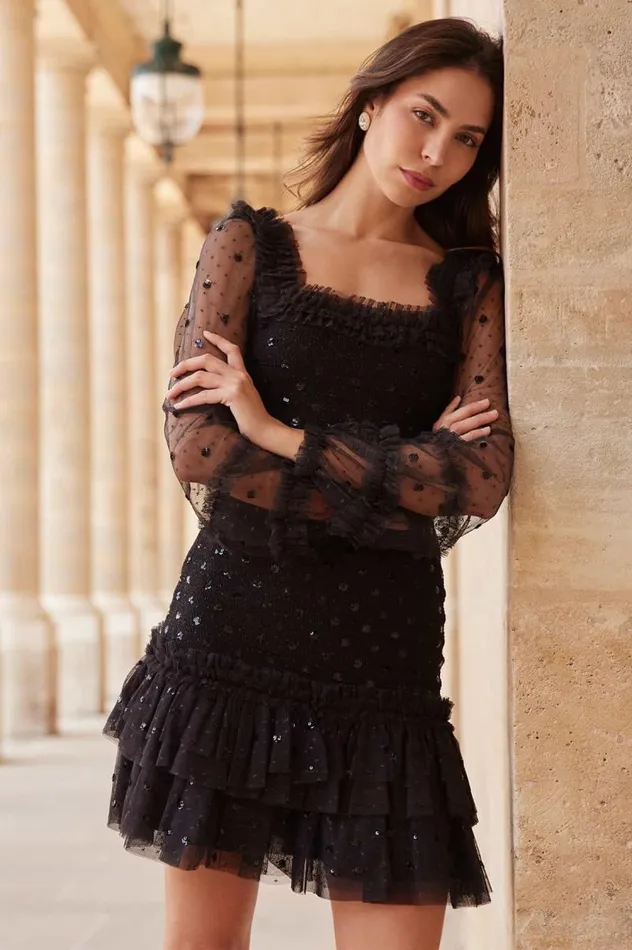 Needle and Thread Dresses Polka Dot Smocked Long Sleeve Micro Mini Dress Black 8211 Women