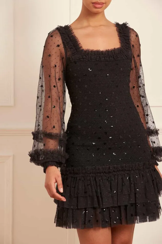 Needle and Thread Dresses Polka Dot Smocked Long Sleeve Micro Mini Dress Black 8211 Women
