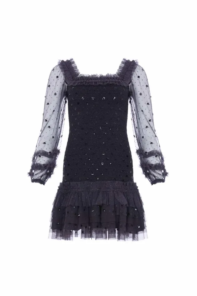 Needle and Thread Dresses Polka Dot Smocked Long Sleeve Micro Mini Dress Black 8211 Women