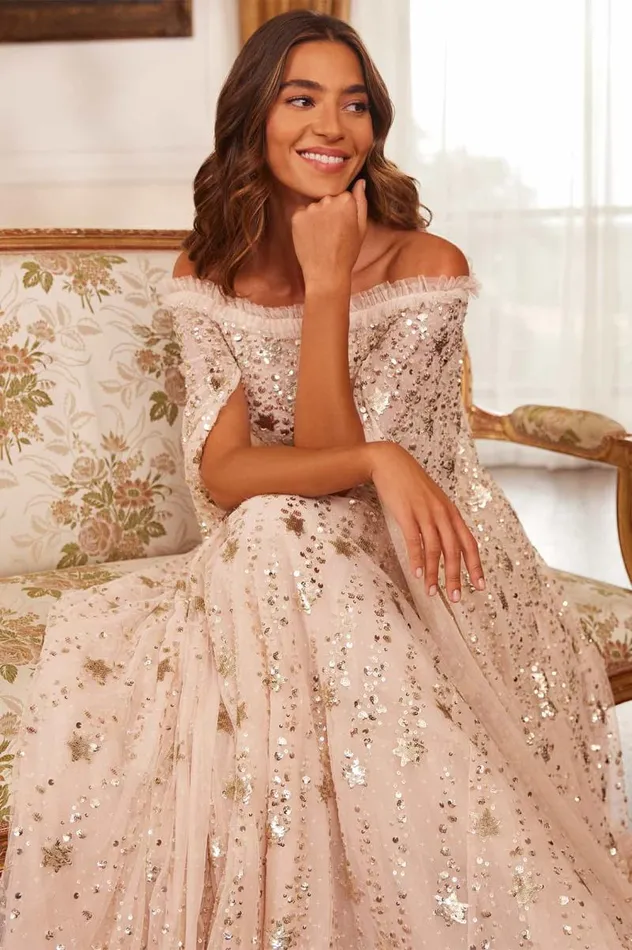 Needle and Thread Dresses Shooting Stars Cape Ankle Gown Beige 8211 Women