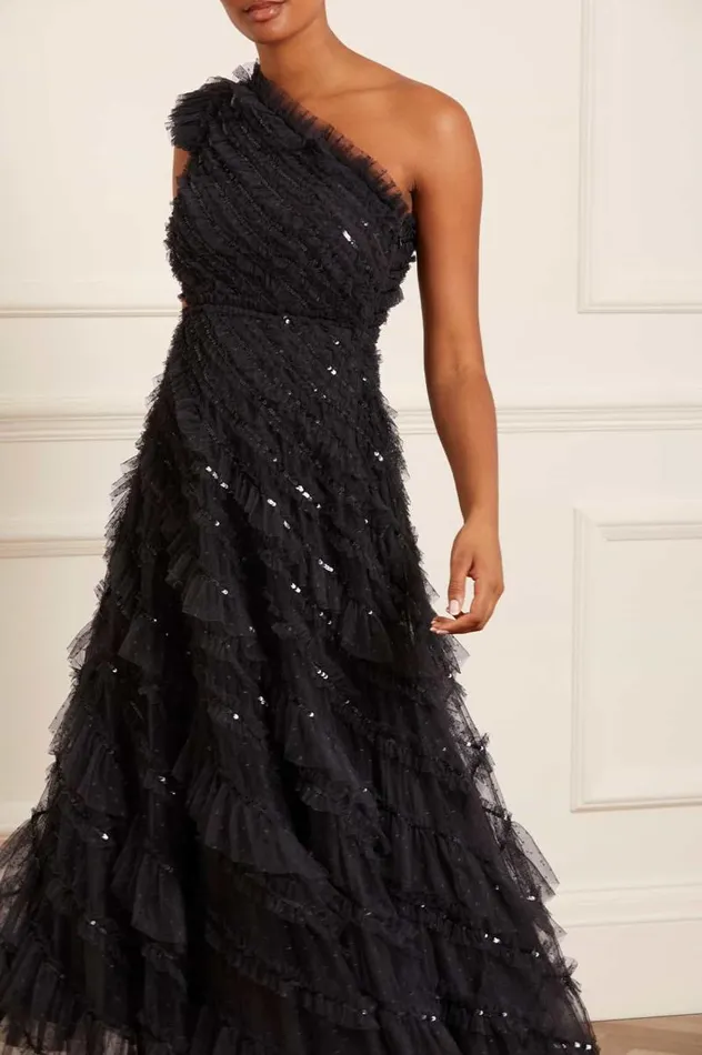 Needle and Thread Dresses Spiral Sequin OneShoulder Ankle Gown Black 8211 Women