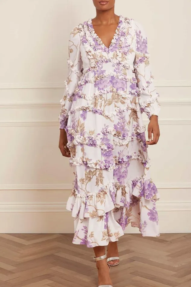 Needle and Thread Dresses Wisteria Crepe VNeck Ankle Gown Multi 8211 Women