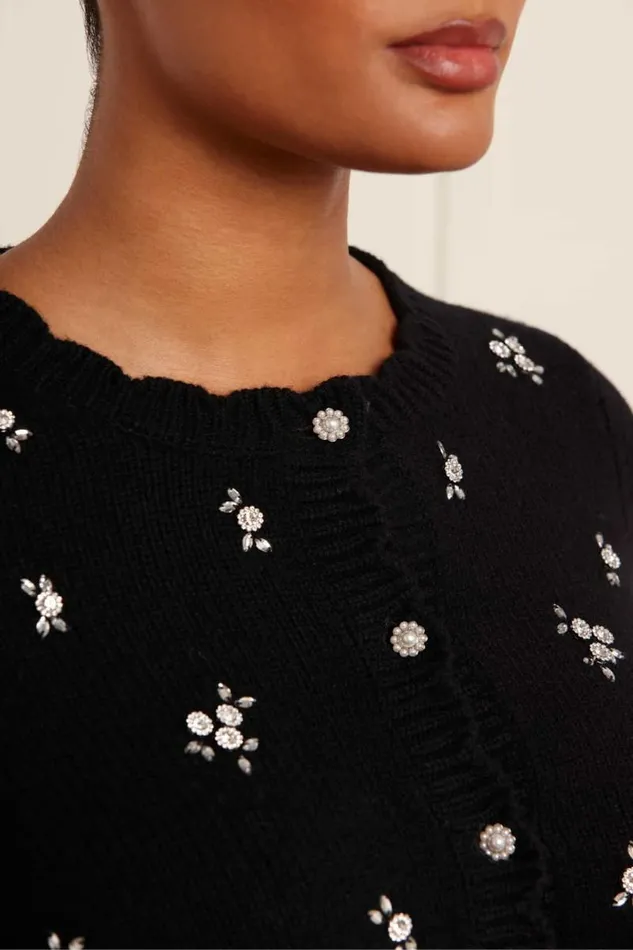 Needle and Thread Knitwear Scattered Floral Embellished Short Cardigan Black 8211 Women