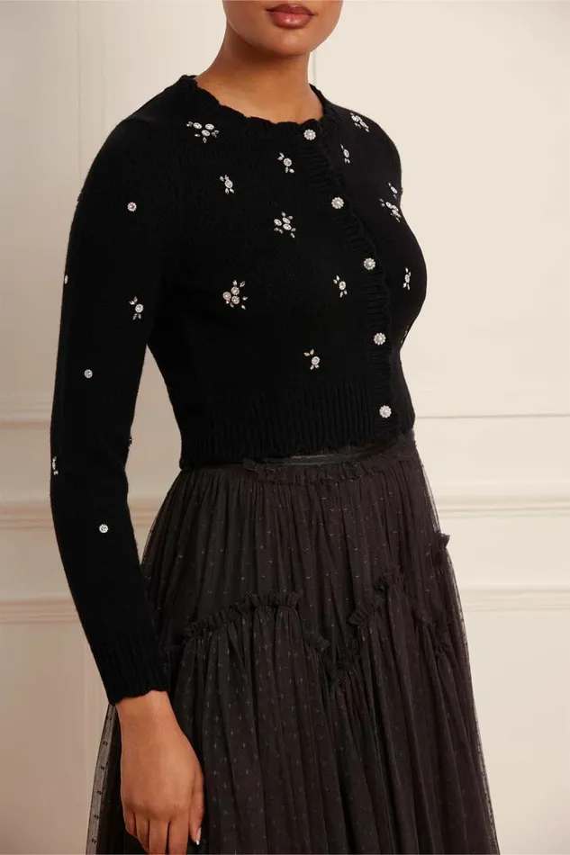 Needle and Thread Knitwear Scattered Floral Embellished Short Cardigan Black 8211 Women