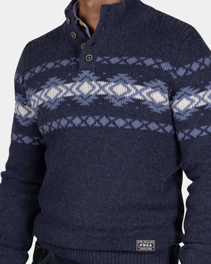 NZA New Zealand Auckland Knitwear Blue Pullover With Buttons And Light Blue Pattern 8211 Tin Blue 8211 Men