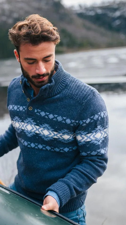 NZA New Zealand Auckland Knitwear Blue Pullover With Buttons And Light Blue Pattern 8211 Tin Blue 8211 Men