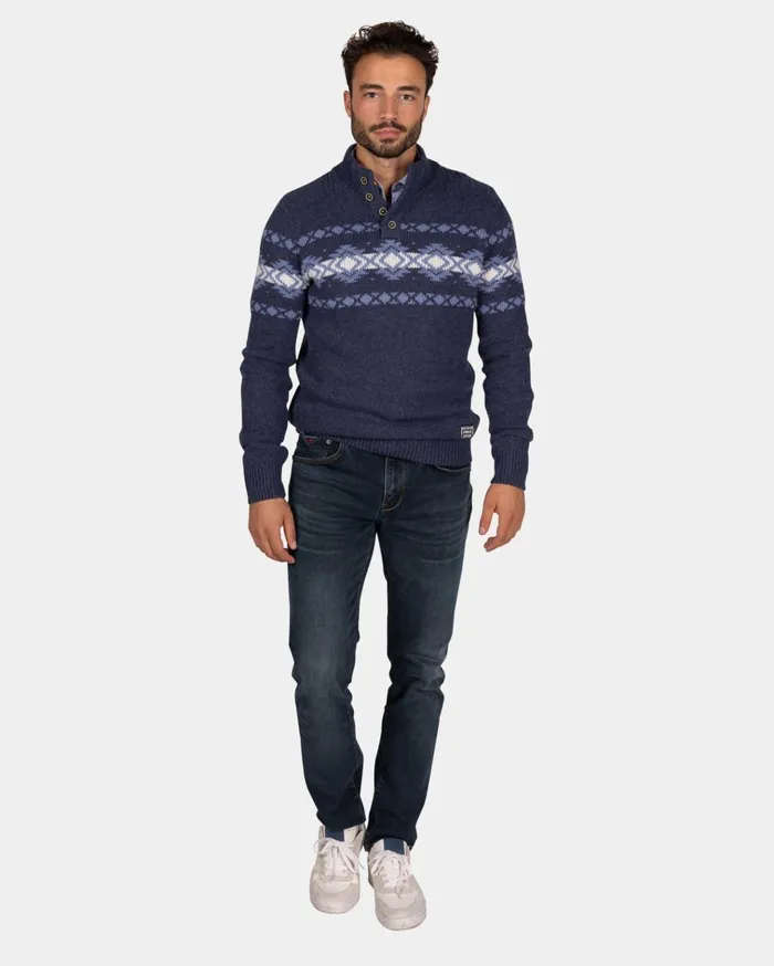 NZA New Zealand Auckland Knitwear Blue Pullover With Buttons And Light Blue Pattern 8211 Tin Blue 8211 Men