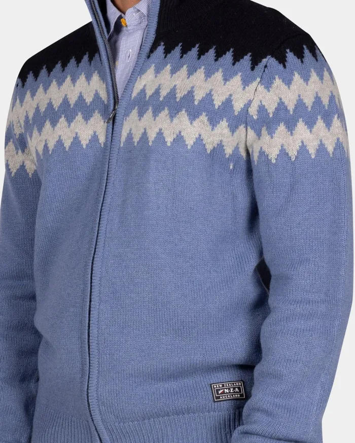 NZA New Zealand Auckland Knitwear Blue Wool Cardigan With White Pattern 8211 Mineral Blue 8211 Men