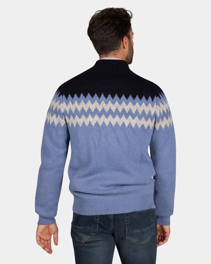 NZA New Zealand Auckland Knitwear Blue Wool Cardigan With White Pattern 8211 Mineral Blue 8211 Men