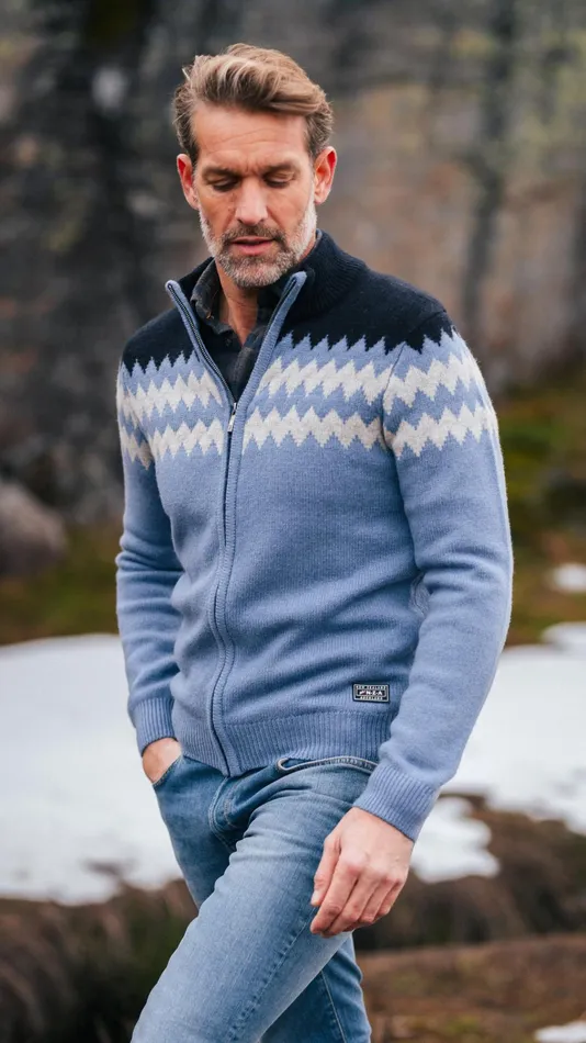 NZA New Zealand Auckland Knitwear Blue Wool Cardigan With White Pattern 8211 Mineral Blue 8211 Men