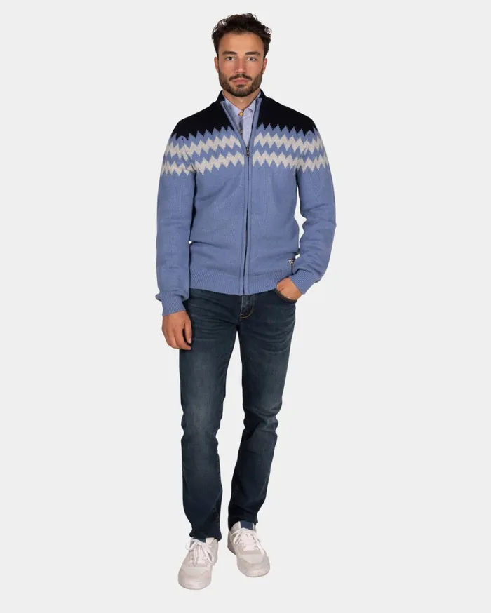 NZA New Zealand Auckland Knitwear Blue Wool Cardigan With White Pattern 8211 Mineral Blue 8211 Men