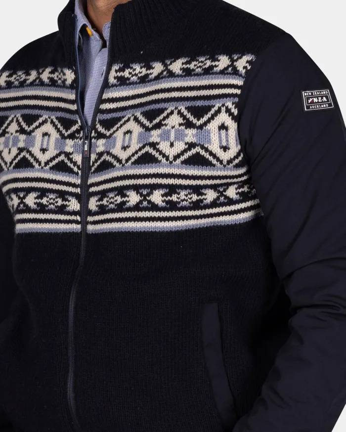 NZA New Zealand Auckland Knitwear Dark Blue Cardigan With White And Blue Pattern 8211 Winter Navy 8211 Men