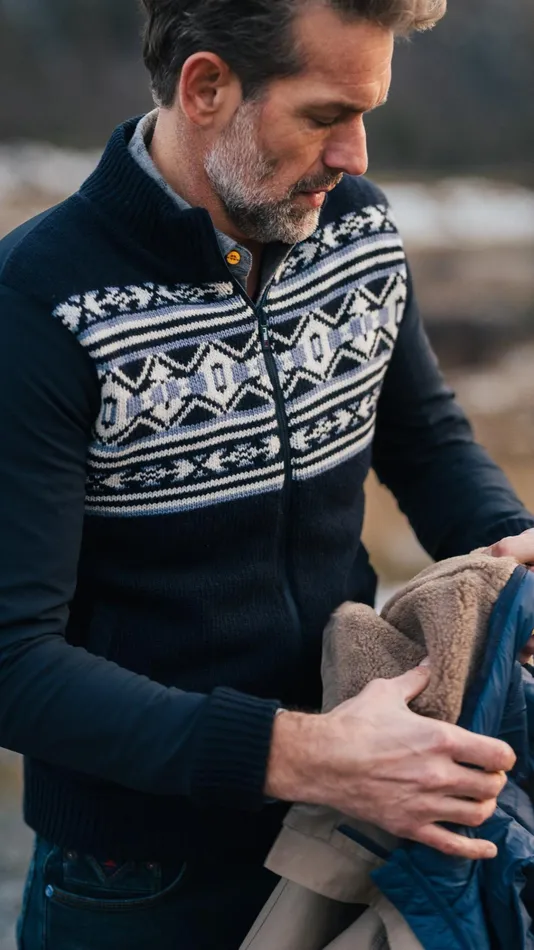 NZA New Zealand Auckland Knitwear Dark Blue Cardigan With White And Blue Pattern 8211 Winter Navy 8211 Men