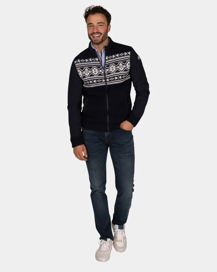 NZA New Zealand Auckland Knitwear Dark Blue Cardigan With White And Blue Pattern 8211 Winter Navy 8211 Men