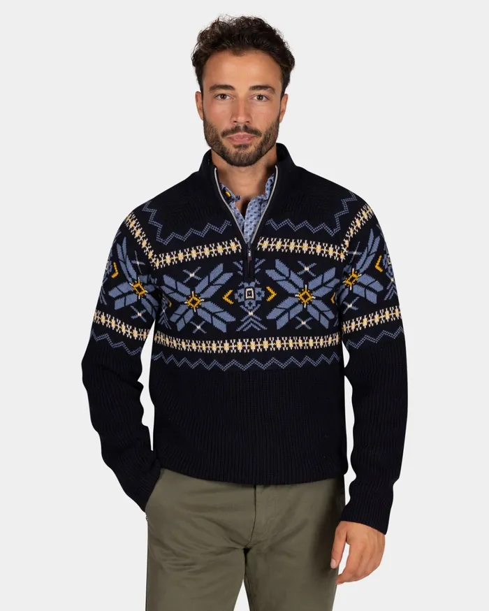 NZA New Zealand Auckland Knitwear Navy HalfZip Pullover With Colored Pattern 8211 Winter Navy 8211 Men