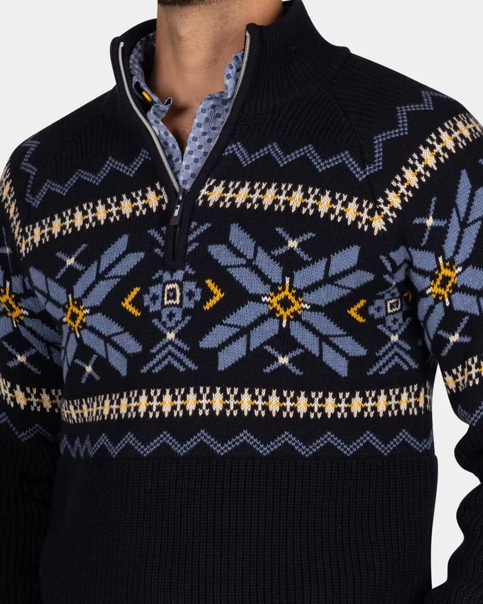 NZA New Zealand Auckland Knitwear Navy HalfZip Pullover With Colored Pattern 8211 Winter Navy 8211 Men