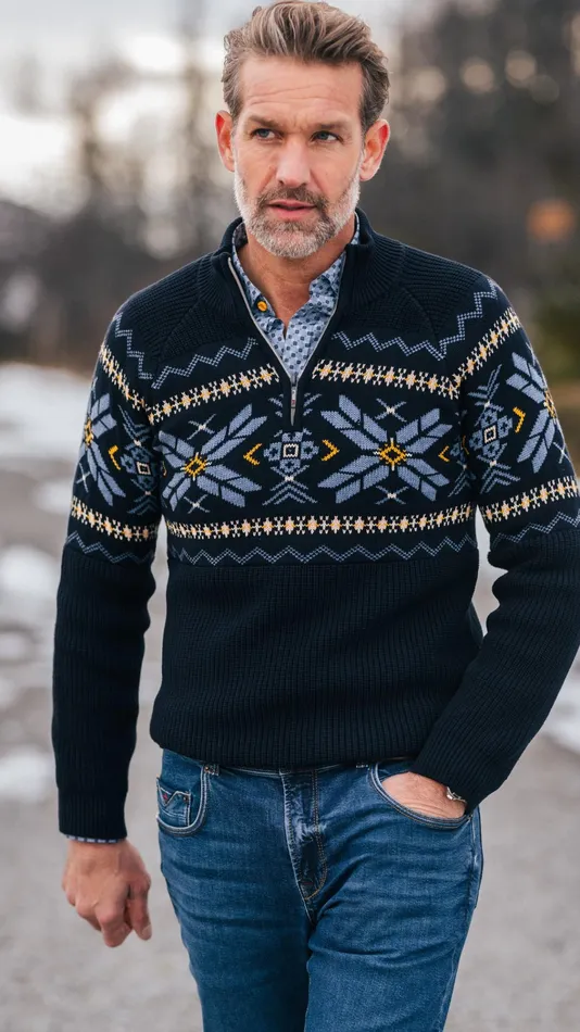 NZA New Zealand Auckland Knitwear Navy HalfZip Pullover With Colored Pattern 8211 Winter Navy 8211 Men