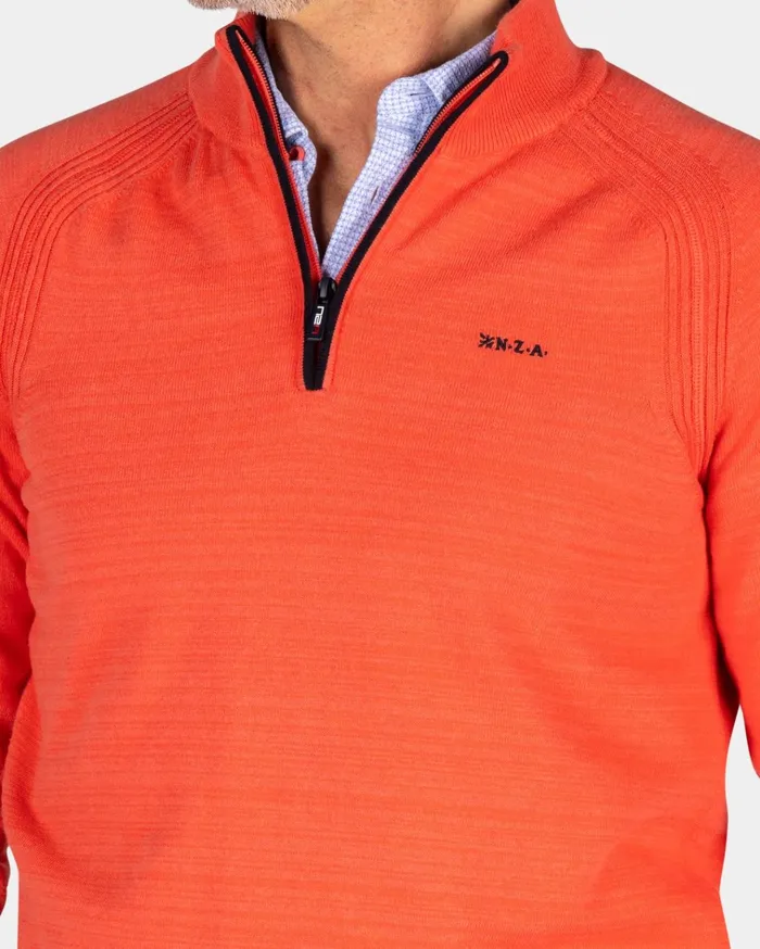 NZA New Zealand Auckland Knitwear Red Cotton HalfZip Pullover 8211 Red Orange 8211 Men