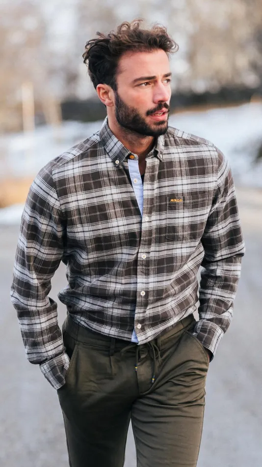 NZA New Zealand Auckland Shirts Flannel Checkered Shirt Dark Brown With Grey 8211 Dark Mocca 8211 Men