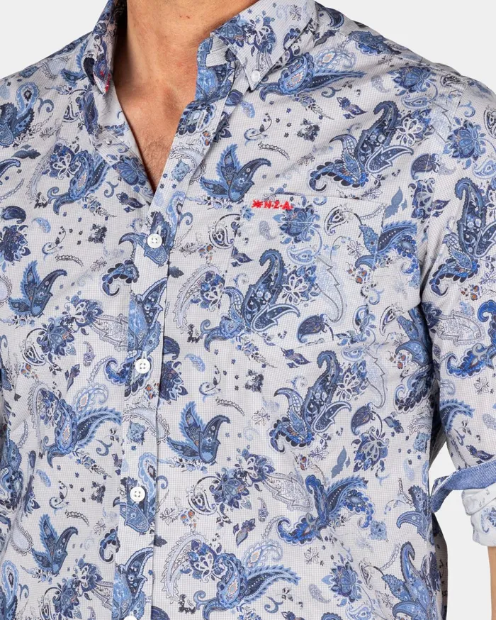 NZA New Zealand Auckland Shirts Gray Shirt With Blue Leaf Print 8211 Brave Blue 8211 Men NZA New Zealand Auckland Shirts Gray Shirt With Blue Leaf Print 8211 Brave Blue 8211 Men