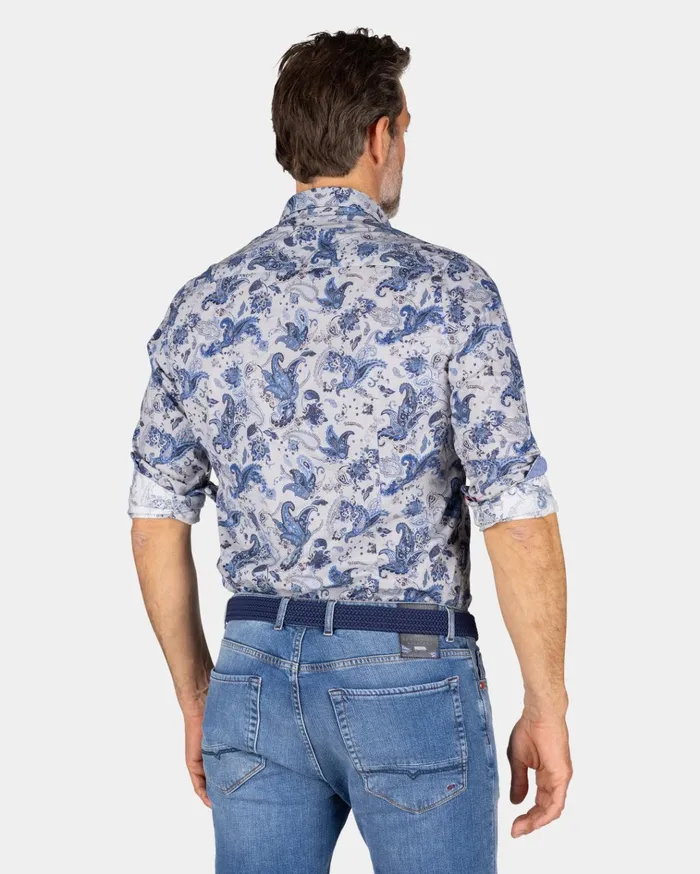 NZA New Zealand Auckland Shirts Gray Shirt With Blue Leaf Print 8211 Brave Blue 8211 Men NZA New Zealand Auckland Shirts Gray Shirt With Blue Leaf Print 8211 Brave Blue 8211 Men
