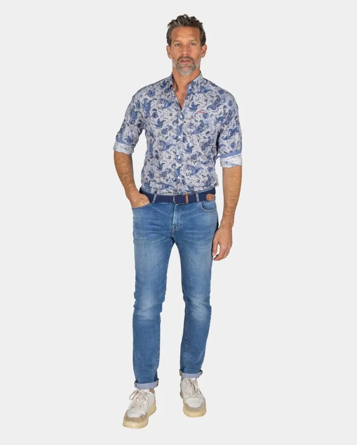 NZA New Zealand Auckland Shirts Gray Shirt With Blue Leaf Print 8211 Brave Blue 8211 Men NZA New Zealand Auckland Shirts Gray Shirt With Blue Leaf Print 8211 Brave Blue 8211 Men