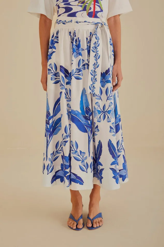 OffWhite Blue Yard Organic Cotton Midi Skirt Women Farm Rio Skirts