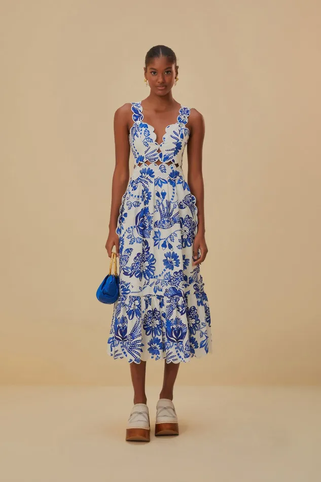 OffWhite Flowerful Birds Lenzing Ecovero Euroflax Midi Dress Women Farm Rio Midi Dresses