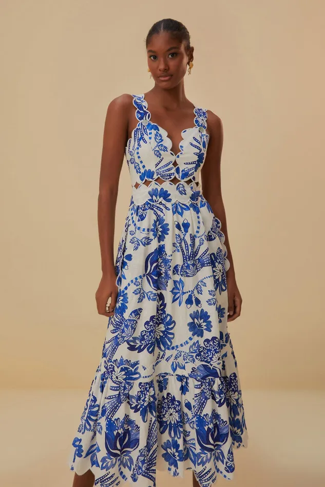 OffWhite Flowerful Birds Lenzing Ecovero Euroflax Midi Dress Women Farm Rio Midi Dresses