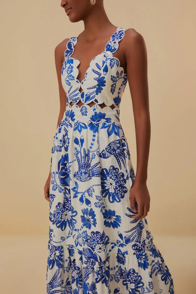 OffWhite Flowerful Birds Lenzing Ecovero Euroflax Midi Dress Women Farm Rio Midi Dresses