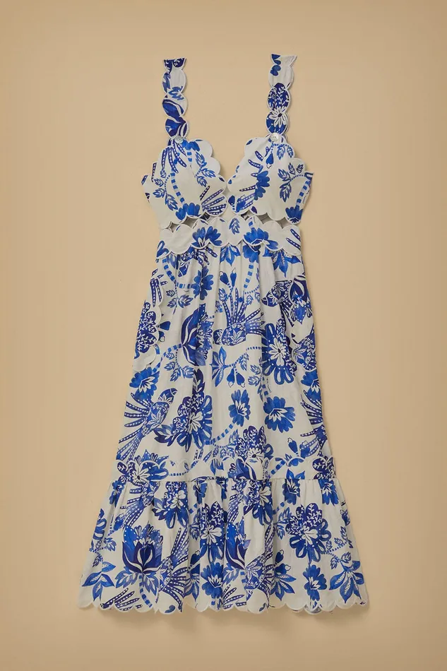 OffWhite Flowerful Birds Lenzing Ecovero Euroflax Midi Dress Women Farm Rio Midi Dresses
