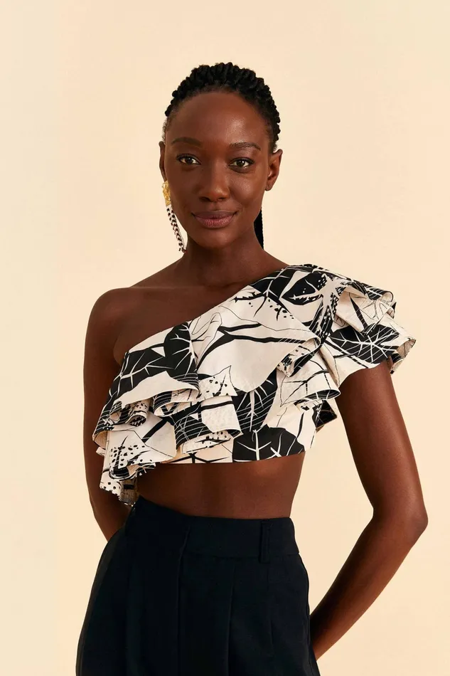 OffWhite Graphic Leaves Organic Cotton Top Women Farm Rio Crop Tops