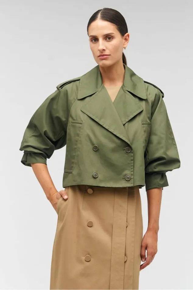Oroton Jackets and Outerwear Crop Trench Green Olive 8211 Women