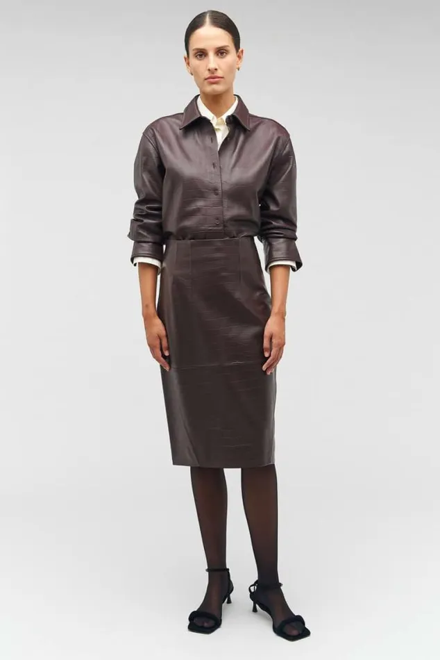 Oroton Skirts Embossed Croc Pencil Skirt Burgundy 8211 Women